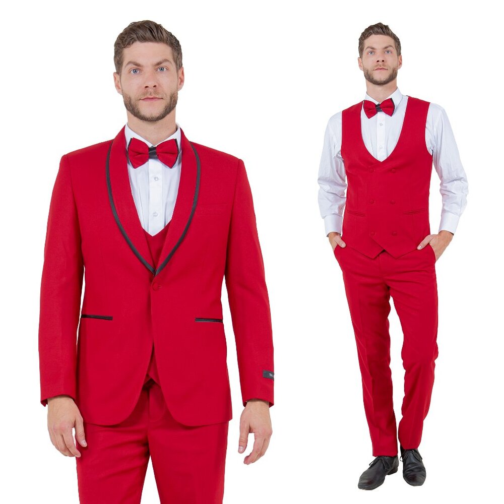 Men's 3pc Tuxedo/Suit, Red w/ Double Breasted Vest and Bowtie by Tazzio